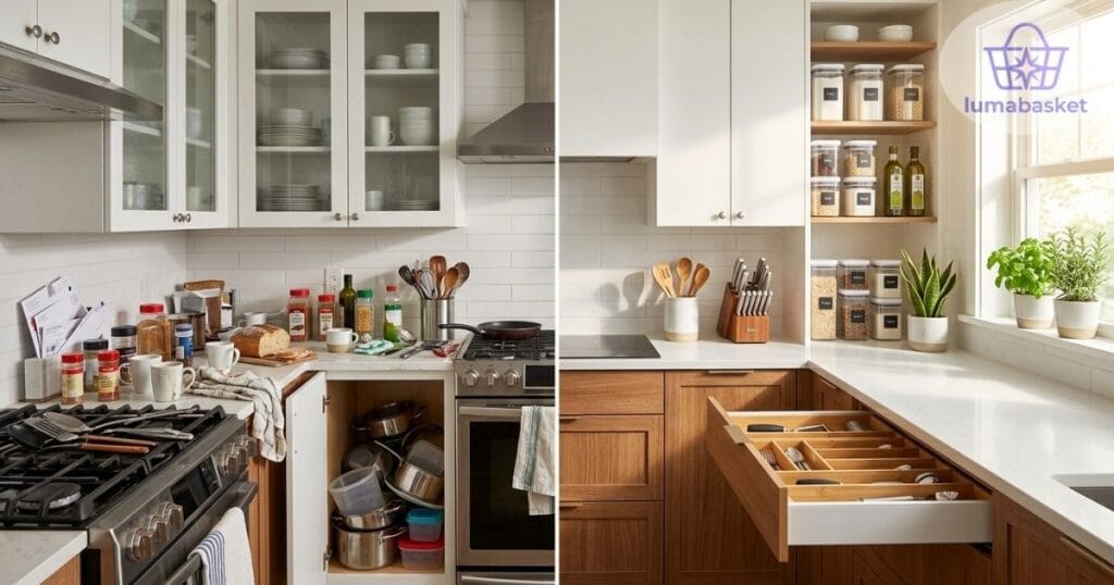 Modern organized kitchen with smart storage solutions and clutter-free countertops